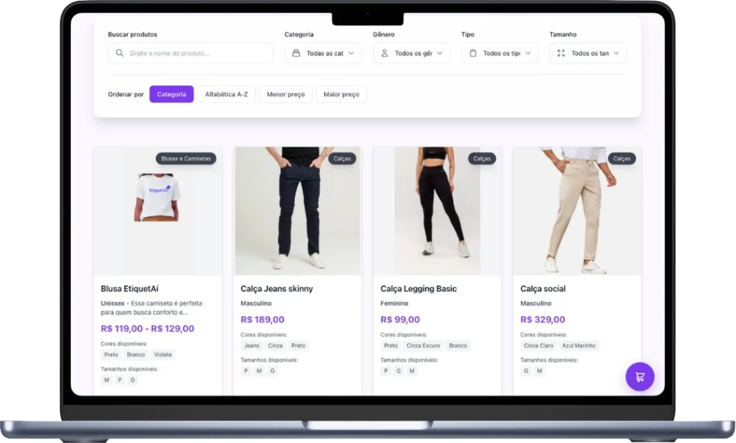 Catálogo digital no notebook com filtros e produtos com preço, cores e tamanhos